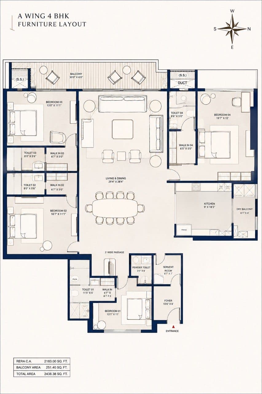 A Wing 4 BHK furniture layout supplied for reference.