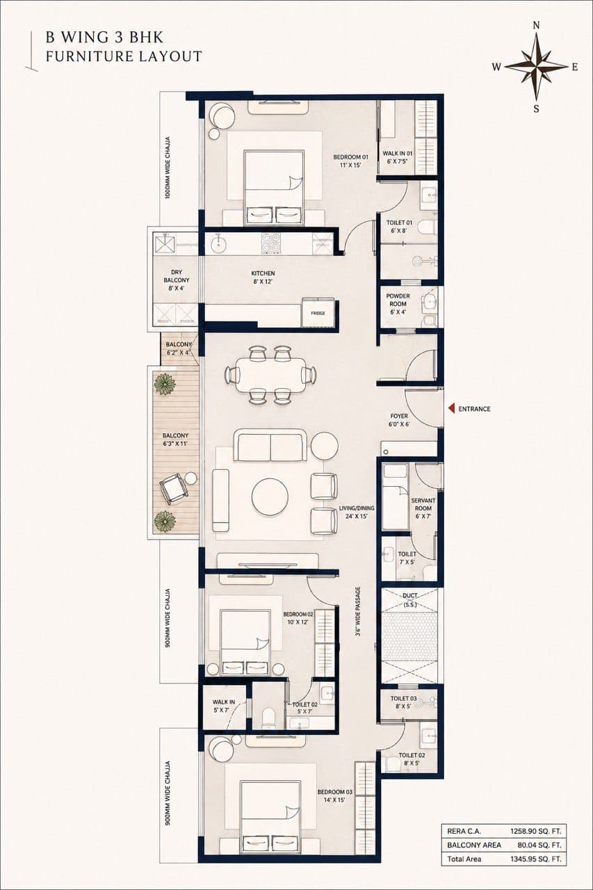 B Wing 3 BHK furniture layout supplied for reference.